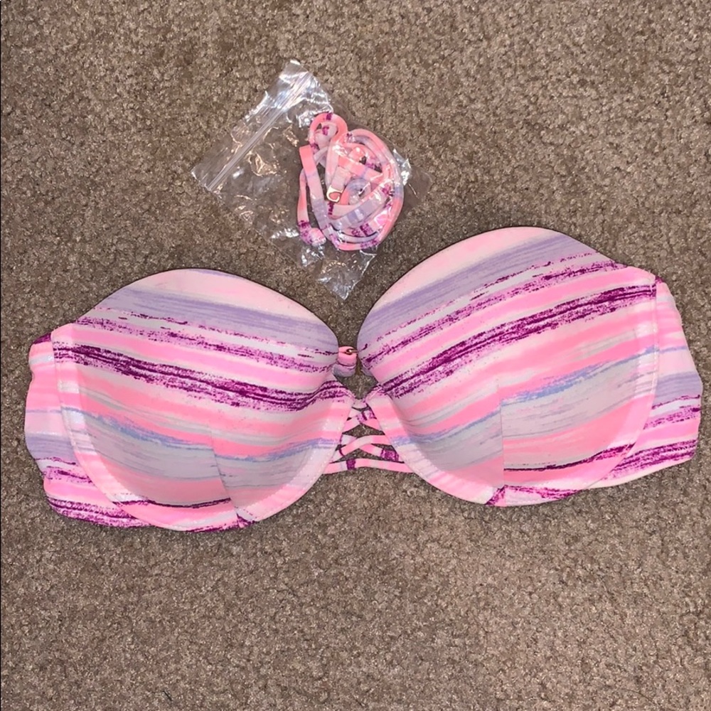 Bandeau swim top with straps.